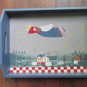 Folk Art Angel Painted Wooden Tray with handles